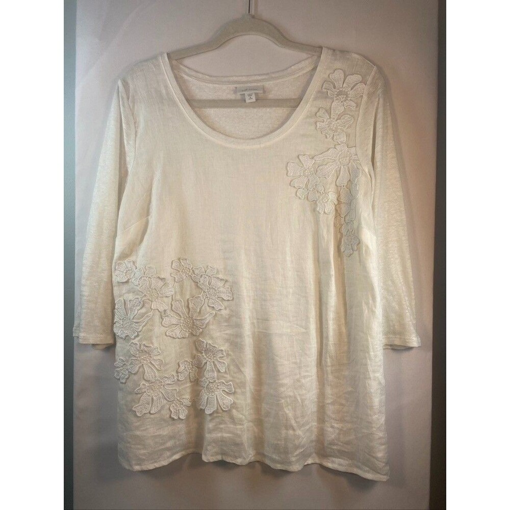 J JILL LOVE LINEN WOMENS SZ MED PETITE WHITE PULLOVER 3/4 SLEEVE TOP